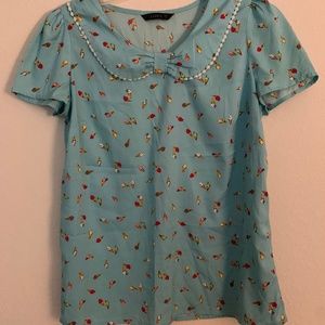 Dunnes Blouse with Ice Cream Details, Peter Pan collar, blue